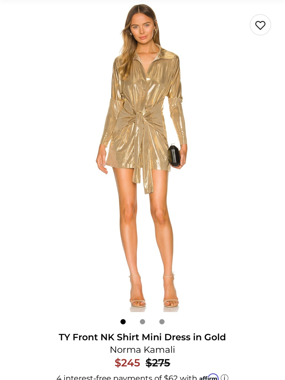 Norma Kamali Gold Metallic Twist-Front Shirt Mini Dress